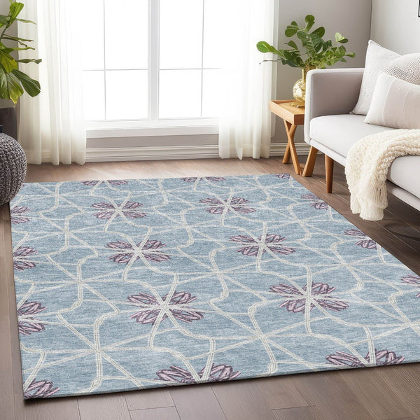 HomeRoots 9' X 12' Stylish Denim Blue, Ivory & Gray Geometric Area Rug - Washable, Durable & UV Protected! 675929