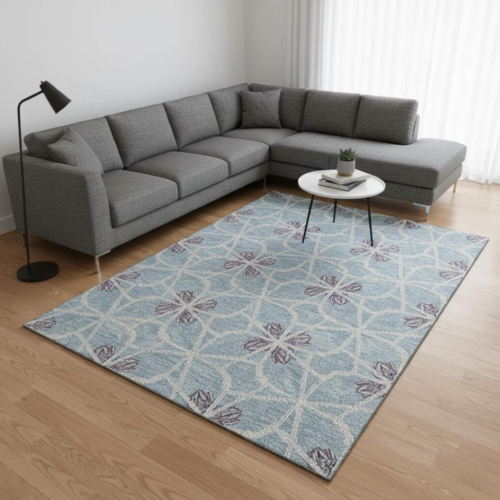 HomeRoots 10' X 14' Stylish Denim Blue Ivory Gray Geometric Area Rug - Durable, Washable & UV Resistant Decor 675930