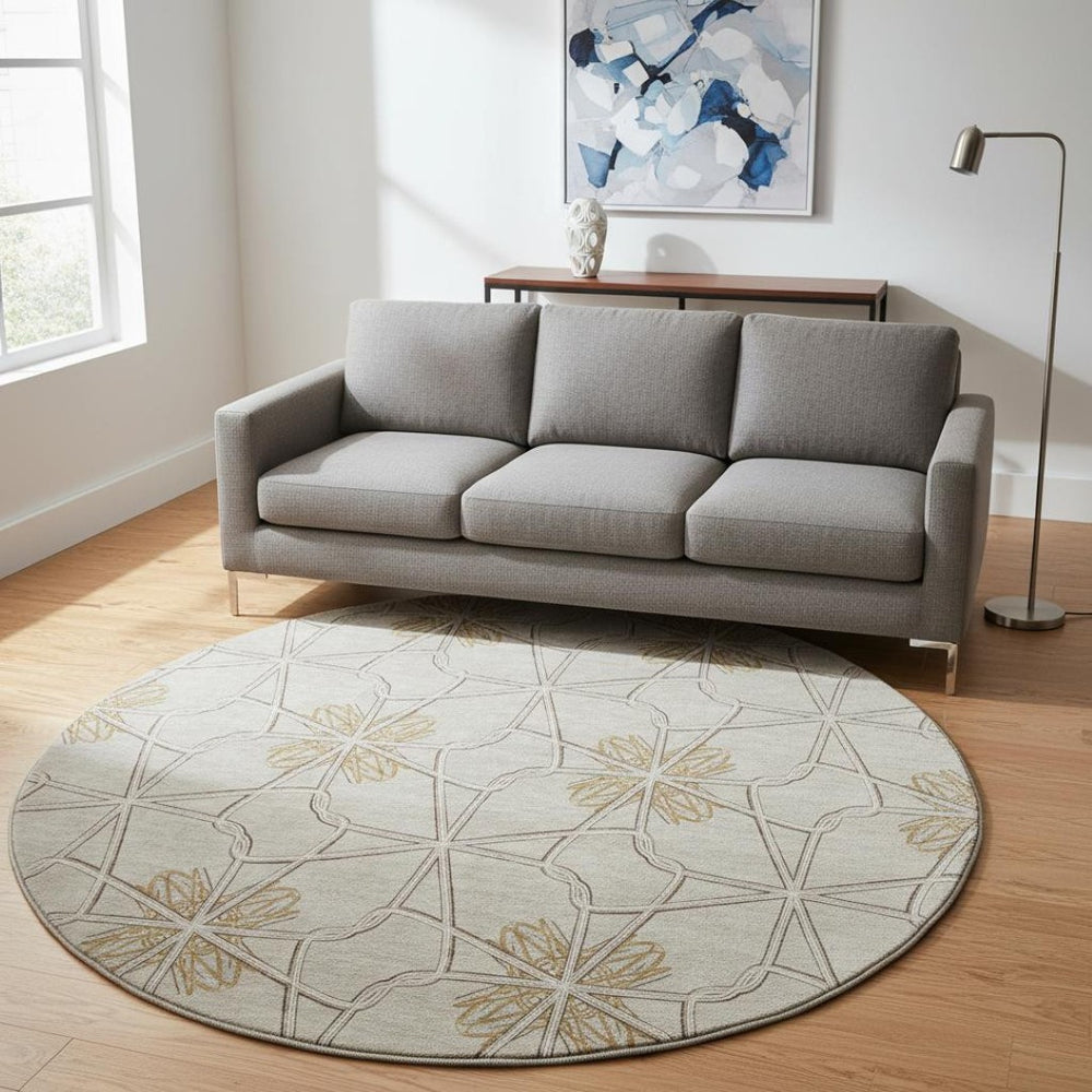 HomeRoots 8' Ivory Gold Beige Geometric Washable Round Rug - Durable, Stain-Resistant, UV Protected Elegance 675933