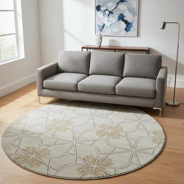 HomeRoots 8' Ivory Gold Beige Geometric Washable Round Rug - Durable, Stain-Resistant, UV Protected Elegance 675933