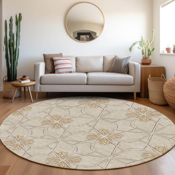 HomeRoots 8' Ivory Gold Beige Geometric Washable Round Rug - Durable, Stain-Resistant, UV Protected Elegance 675933
