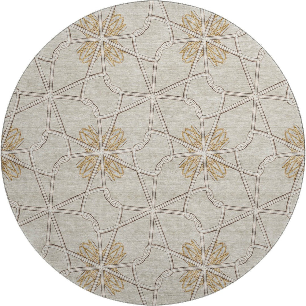 HomeRoots 8' Ivory Gold Beige Geometric Washable Round Rug - Durable, Stain-Resistant, UV Protected Elegance 675933