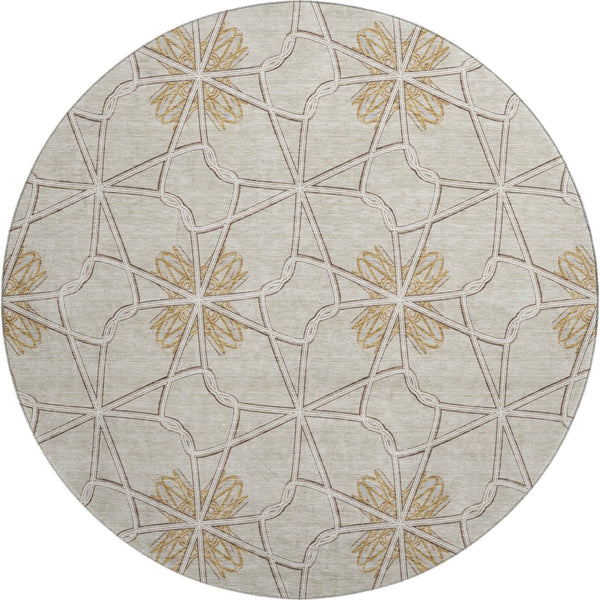 HomeRoots 8' Ivory Gold Beige Geometric Washable Round Rug - Durable, Stain-Resistant, UV Protected Elegance 675933