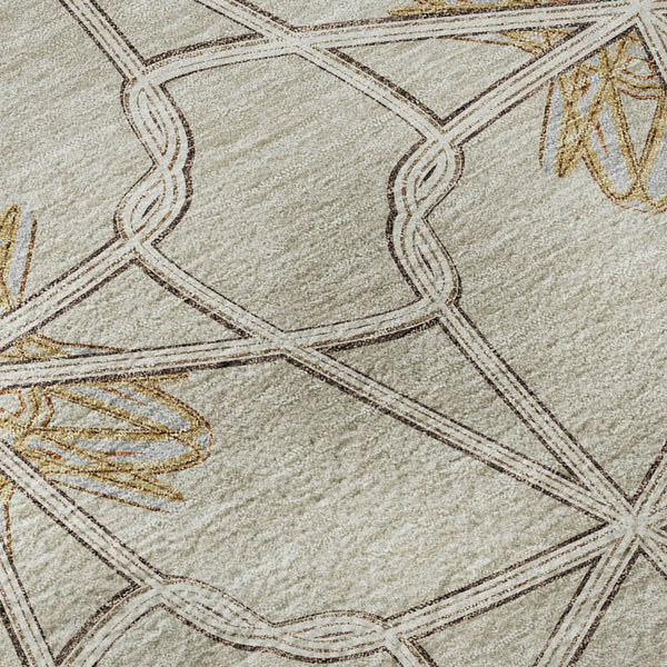 HomeRoots 8' Ivory Gold Beige Geometric Washable Round Rug - Durable, Stain-Resistant, UV Protected Elegance 675933