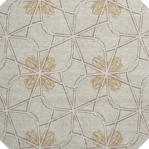 HomeRoots 8' Ivory Gold Beige Geometric Washable Round Rug - Durable, Stain-Resistant, UV Protected Elegance 675933