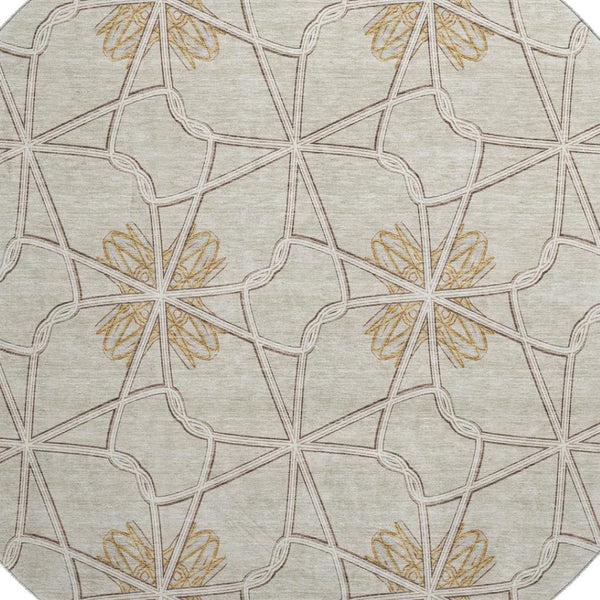 HomeRoots 8' Ivory Gold Beige Geometric Washable Round Rug - Durable, Stain-Resistant, UV Protected Elegance 675933