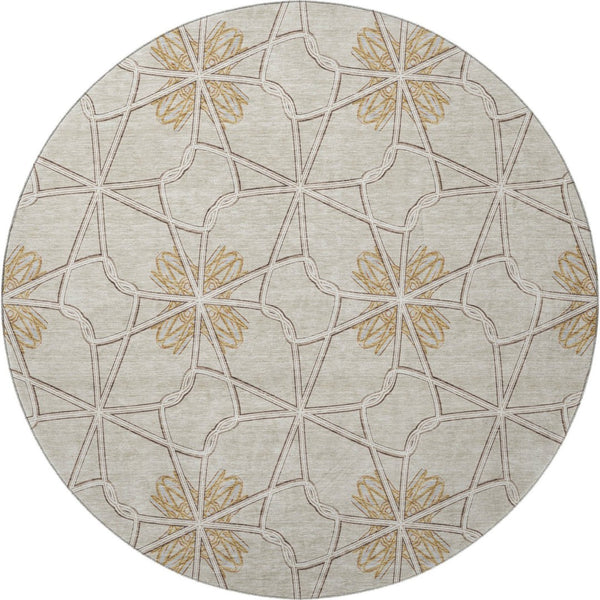 HomeRoots 8' Ivory Gold Beige Geometric Washable Round Rug - Durable, Stain-Resistant, UV Protected Elegance 675933