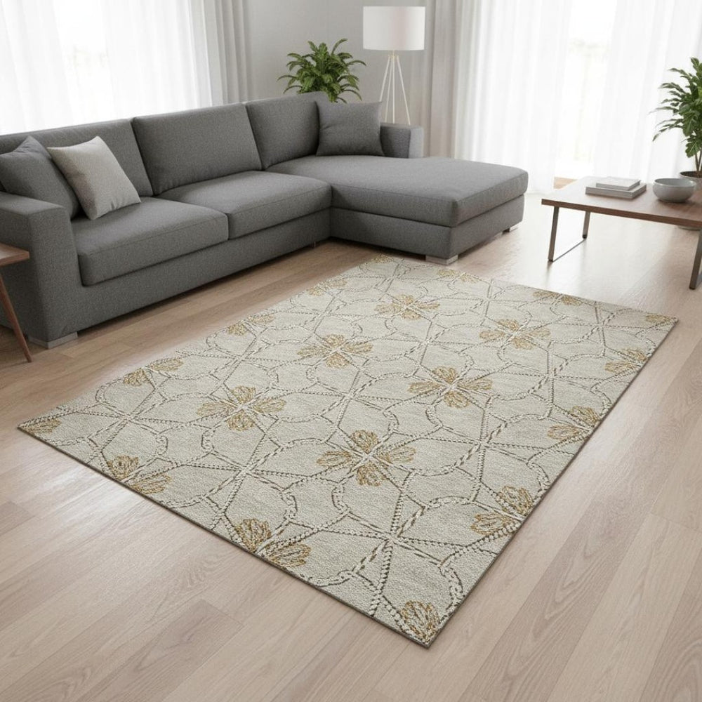 HomeRoots 8' X 10' Stylish Ivory Gold Beige Geometric Area Rug - Washable, UV Protected & Perfect for Families 675934