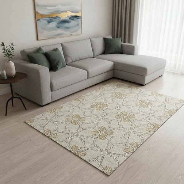 HomeRoots 9' X 12' Geometric Ivory Gold Beige Area Rug - Washable, Durable, UV Protected for High-Traffic Spaces 675935