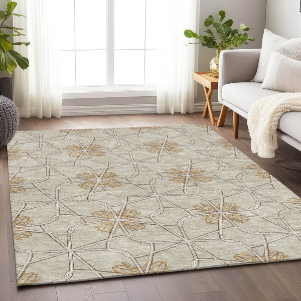 HomeRoots 9' X 12' Geometric Ivory Gold Beige Area Rug - Washable, Durable, UV Protected for High-Traffic Spaces 675935