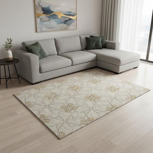 HomeRoots 10' Stylish Ivory Gold & Beige Geometric Washable Area Rug with UV Protection for Modern Homes 675936