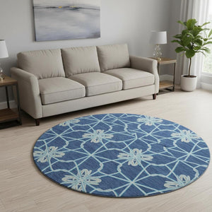 HomeRoots 8' Navy Blue Ivory and Gray Geometric Round Rug - Washable, UV Protected, Perfect for High-Traffic Areas! 675939