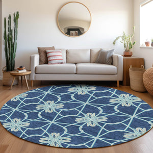HomeRoots 8' Navy Blue Ivory and Gray Geometric Round Rug - Washable, UV Protected, Perfect for High-Traffic Areas! 675939