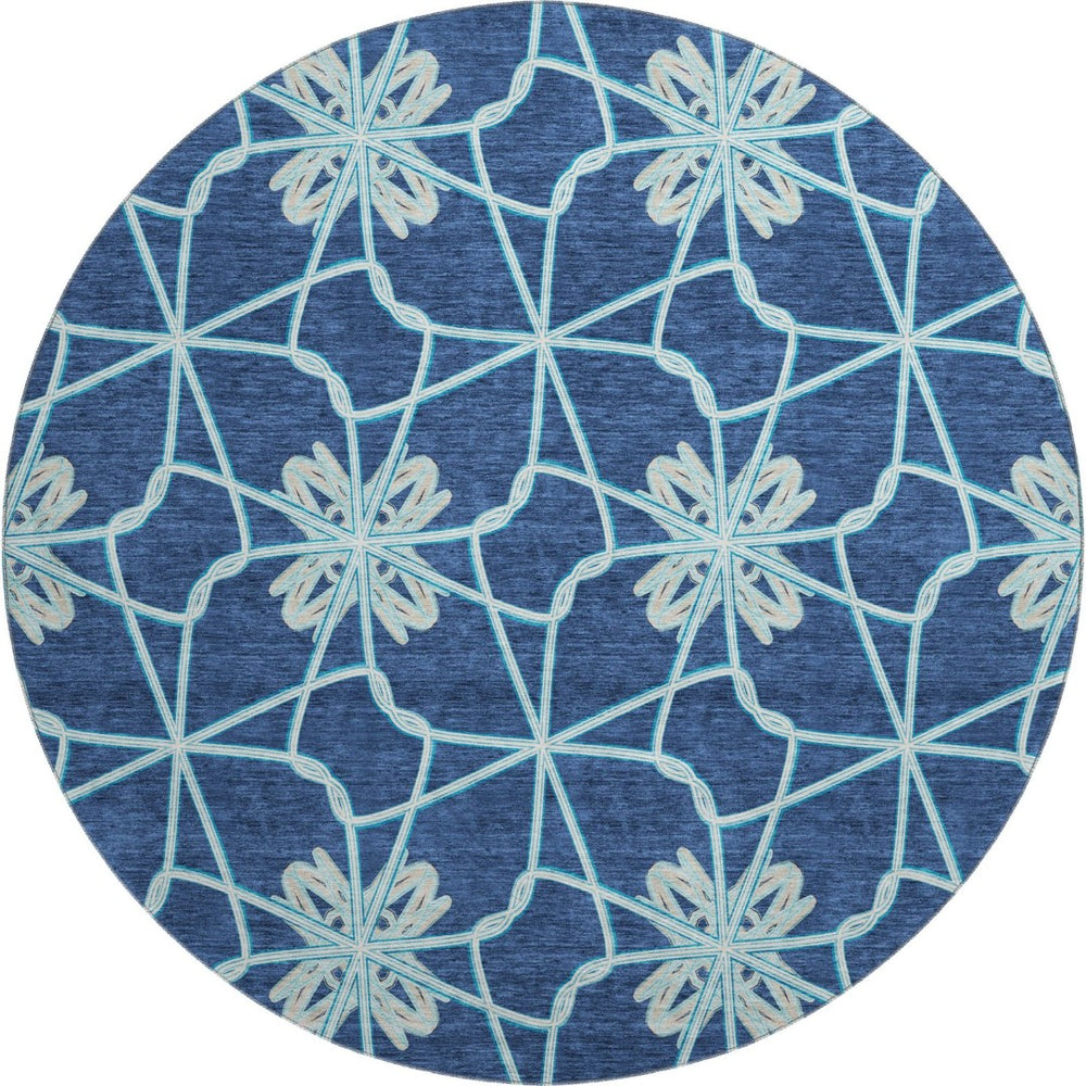 HomeRoots 8' Navy Blue Ivory and Gray Geometric Round Rug - Washable, UV Protected, Perfect for High-Traffic Areas! 675939