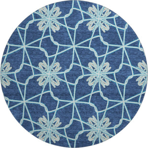HomeRoots 8' Navy Blue Ivory and Gray Geometric Round Rug - Washable, UV Protected, Perfect for High-Traffic Areas! 675939
