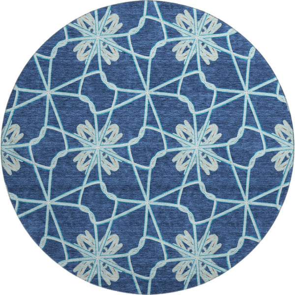 HomeRoots 8' Navy Blue Ivory and Gray Geometric Round Rug - Washable, UV Protected, Perfect for High-Traffic Areas! 675939
