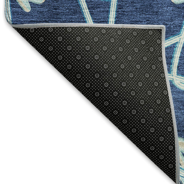 HomeRoots 8' Navy Blue Ivory and Gray Geometric Round Rug - Washable, UV Protected, Perfect for High-Traffic Areas! 675939
