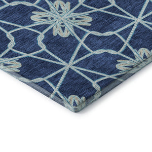 HomeRoots 8' Navy Blue Ivory and Gray Geometric Round Rug - Washable, UV Protected, Perfect for High-Traffic Areas! 675939