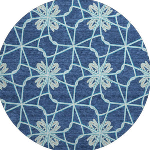 HomeRoots 8' Navy Blue Ivory and Gray Geometric Round Rug - Washable, UV Protected, Perfect for High-Traffic Areas! 675939