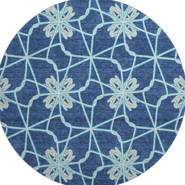HomeRoots 8' Navy Blue Ivory and Gray Geometric Round Rug - Washable, UV Protected, Perfect for High-Traffic Areas! 675939