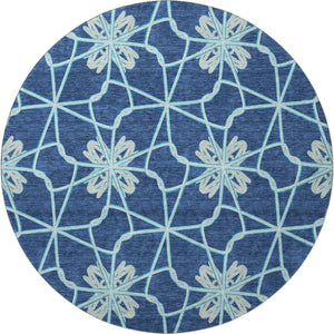 HomeRoots 8' Navy Blue Ivory and Gray Geometric Round Rug - Washable, UV Protected, Perfect for High-Traffic Areas! 675939