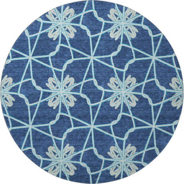 HomeRoots 8' Navy Blue Ivory and Gray Geometric Round Rug - Washable, UV Protected, Perfect for High-Traffic Areas! 675939