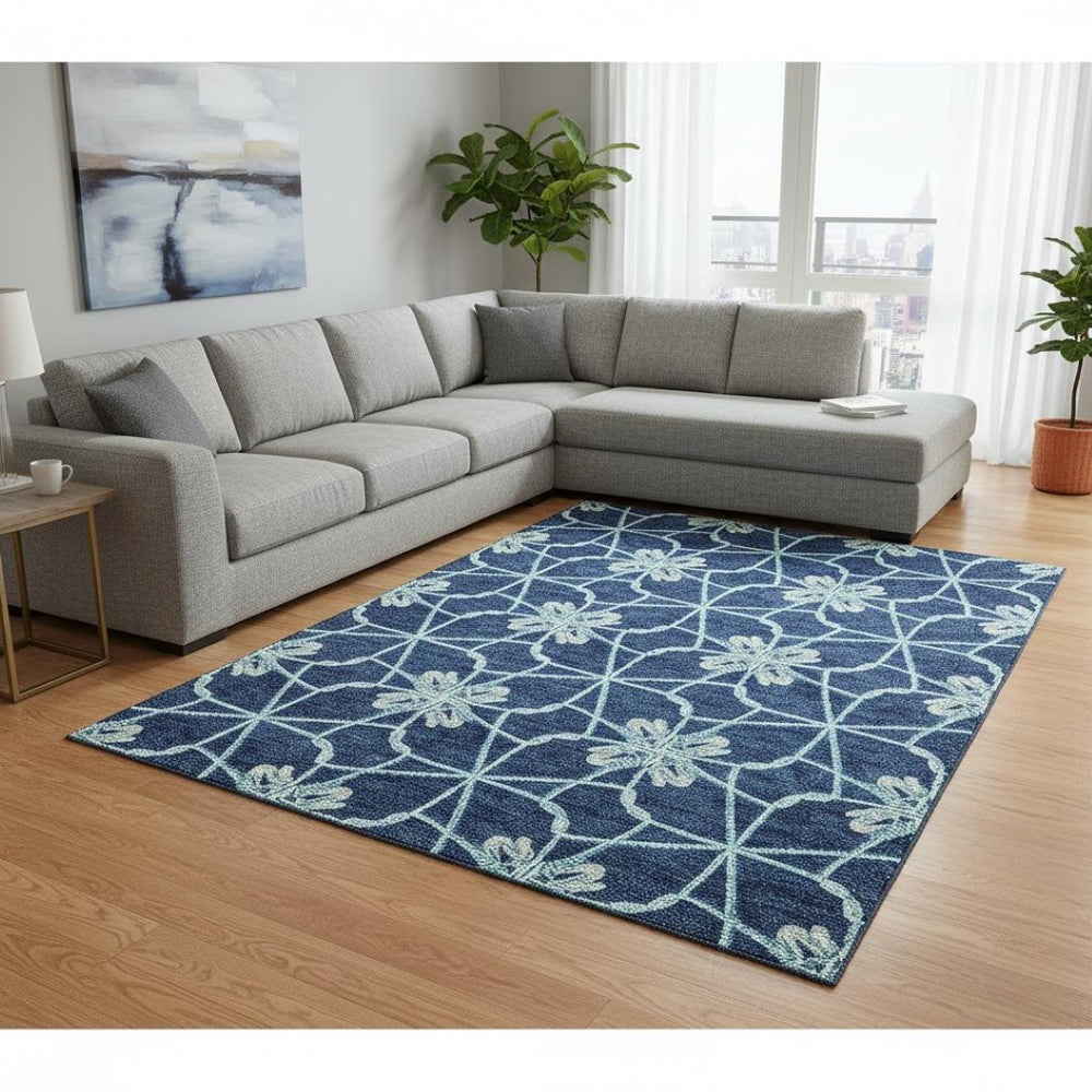 HomeRoots 8' X 10' Stylish Navy Blue, Ivory & Gray Geometric Washable Area Rug with UV Protection & Durability 675940
