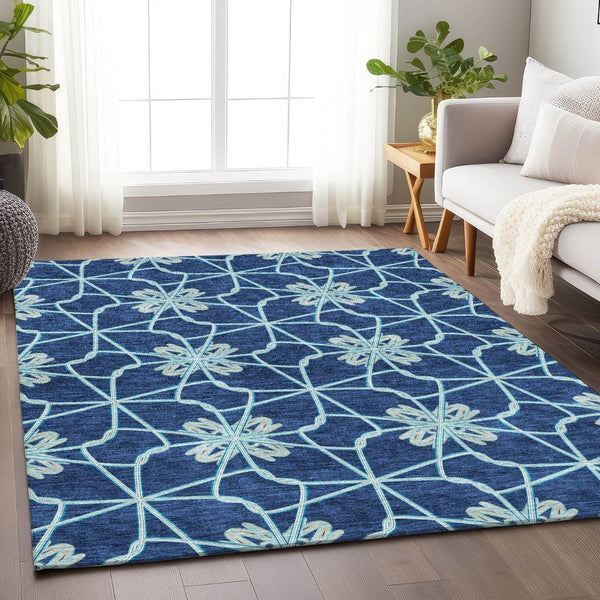 HomeRoots 8' X 10' Stylish Navy Blue, Ivory & Gray Geometric Washable Area Rug with UV Protection & Durability 675940
