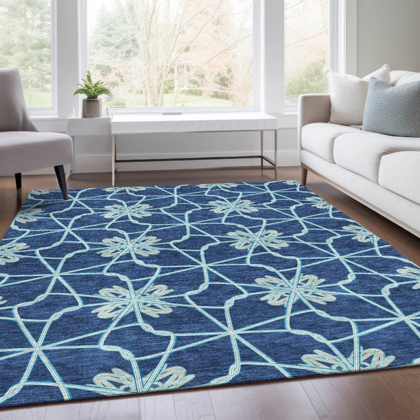 HomeRoots 8' X 10' Stylish Navy Blue, Ivory & Gray Geometric Washable Area Rug with UV Protection & Durability 675940