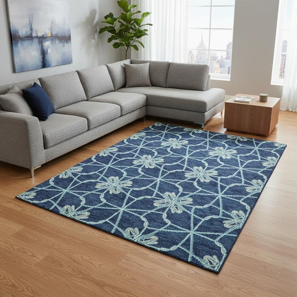 HomeRoots 9' X 12' Navy Blue Geometric Washable Area Rug with UV Protection - Stylish, Stain-Resistant Design 675941
