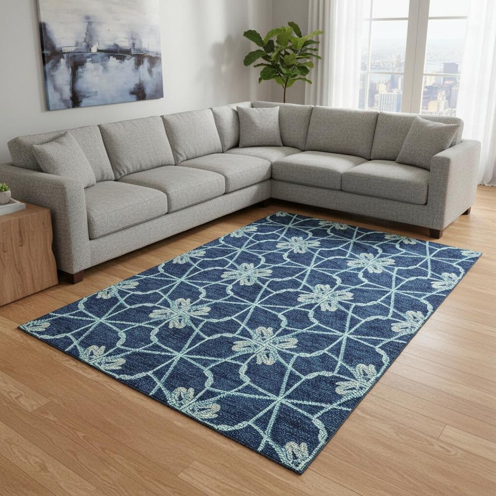 HomeRoots 10' X 14' Navy Blue Geometric Area Rug - Washable, UV Protected, Durable Design for Busy Homes 675942