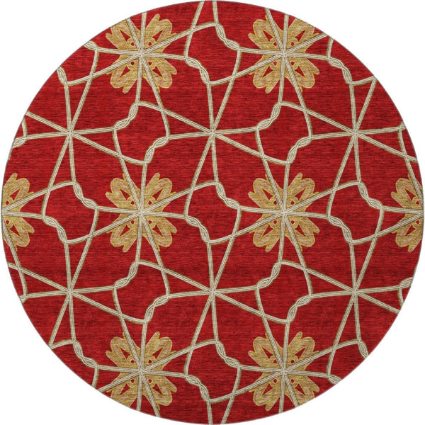HomeRoots 8' Stylish Rust Beige and Gold Geometric Round Rug - Washable, UV-Resistant, Perfect for Homes! 675945