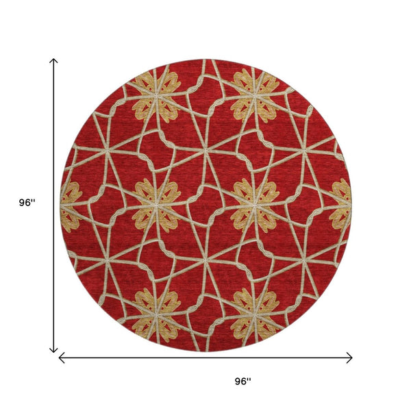 HomeRoots 8' Stylish Rust Beige and Gold Geometric Round Rug - Washable, UV-Resistant, Perfect for Homes! 675945