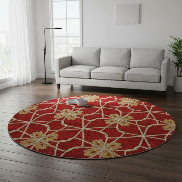 HomeRoots 8' Stylish Rust Beige and Gold Geometric Round Rug - Washable, UV-Resistant, Perfect for Homes! 675945