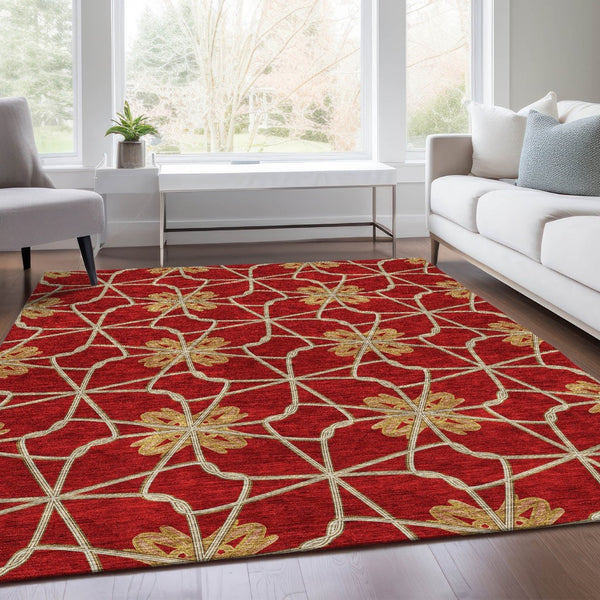 HomeRoots 8' X 10' Stylish Rust Beige & Gold Geometric Washable Area Rug with UV Protection for Homes 675946