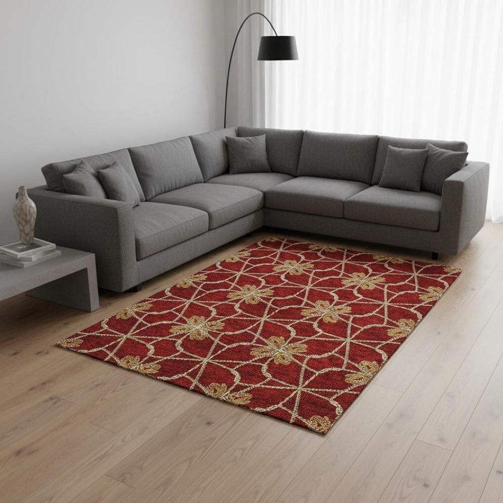 HomeRoots 9' X 12' Geometric Area Rug in Rust, Beige & Gold - Washable, UV-Protected for High-Traffic Spaces 675947