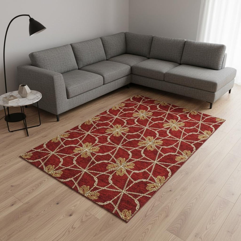 HomeRoots 10' X 14' Stylish Rust Beige Gold Geometric Area Rug - UV Protected, Washable, Perfect for Any Room! 675948