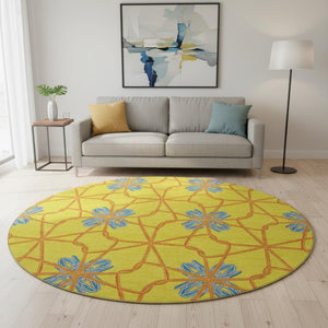 HomeRoots 8' Vibrant Geometric Round Rug in Yellow, Blue & Red - Washable, UV Protected, Durable Design! 675951