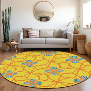 HomeRoots 8' Vibrant Geometric Round Rug in Yellow, Blue & Red - Washable, UV Protected, Durable Design! 675951
