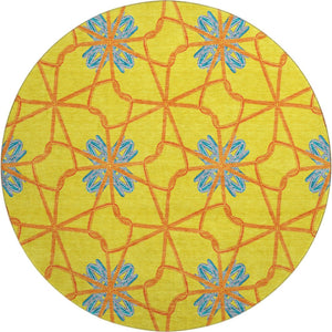 HomeRoots 8' Vibrant Geometric Round Rug in Yellow, Blue & Red - Washable, UV Protected, Durable Design! 675951