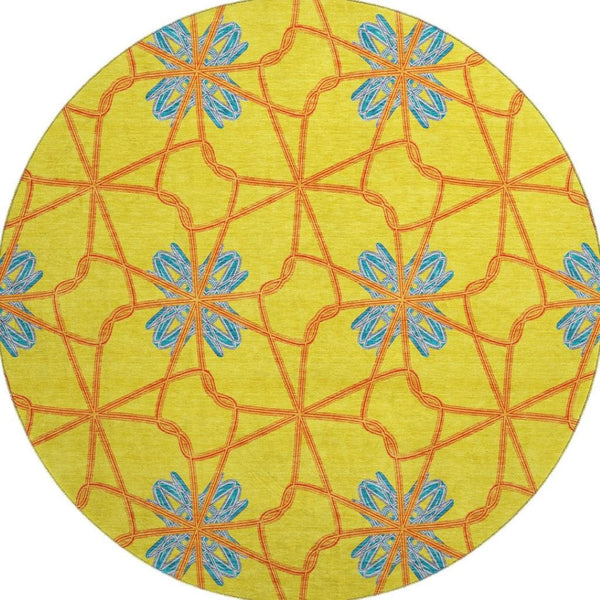 HomeRoots 8' Vibrant Geometric Round Rug in Yellow, Blue & Red - Washable, UV Protected, Durable Design! 675951