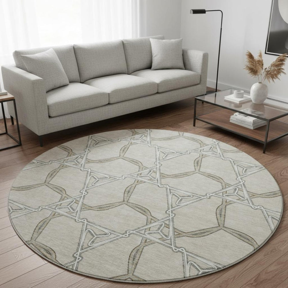HomeRoots 8' Washable Round Rug in Beige, Ivory & Taupe - Geometric Design with UV Protection for Durability 675957
