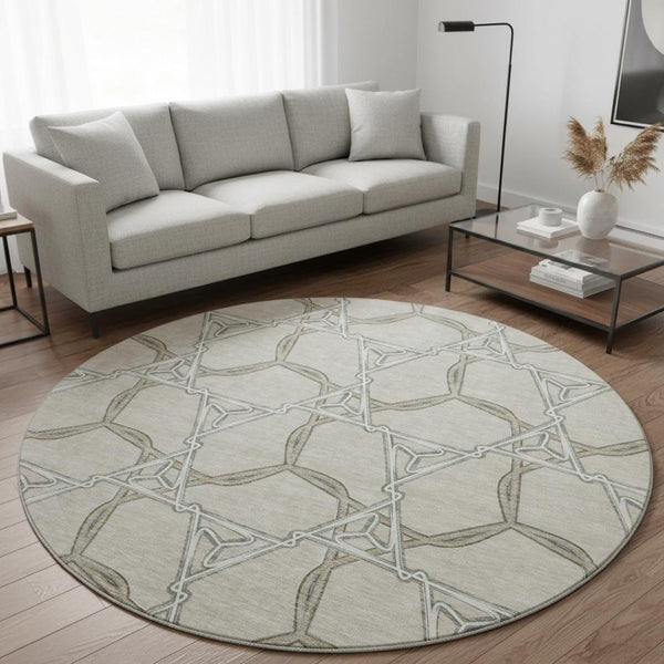 HomeRoots 8' Washable Round Rug in Beige, Ivory & Taupe - Geometric Design with UV Protection for Durability 675957