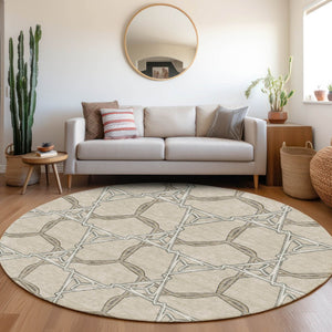 HomeRoots 8' Washable Round Rug in Beige, Ivory & Taupe - Geometric Design with UV Protection for Durability 675957