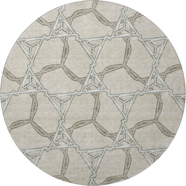 HomeRoots 8' Washable Round Rug in Beige, Ivory & Taupe - Geometric Design with UV Protection for Durability 675957
