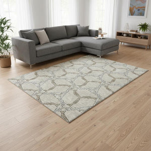 HomeRoots 9' X 12' Beige Ivory Taupe Geometric Washable Area Rug – Stain-Resistant, UV Protected, Modern Elegance 675959