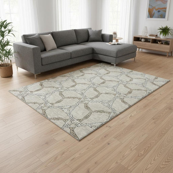 HomeRoots 9' X 12' Beige Ivory Taupe Geometric Washable Area Rug – Stain-Resistant, UV Protected, Modern Elegance 675959