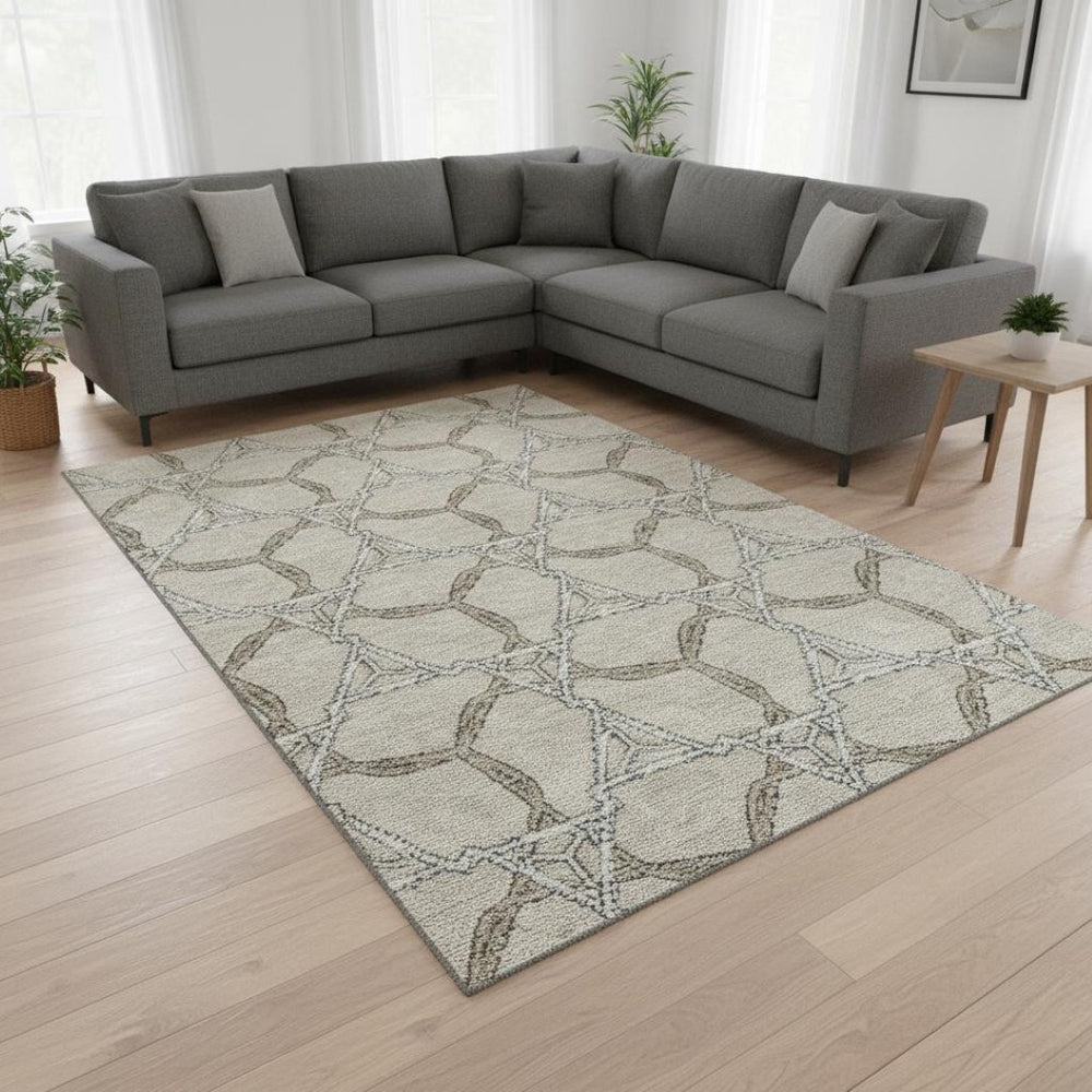 HomeRoots 10' X 14' Beige Ivory Taupe Geometric Area Rug - Washable, UV Protected, Ideal for Homes with Kids & Pets 675960