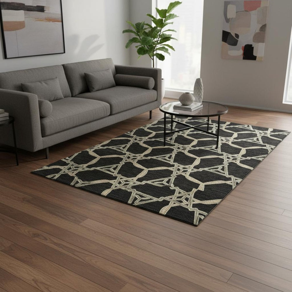 HomeRoots 5' X 8' Modern Geometric Washable Area Rug in Black, Beige & Ivory with UV Protection for Durability 675962