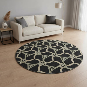 HomeRoots 8' Modern Geometric Washable Round Rug in Black, Beige & Ivory – UV Protected for High-Traffic Areas 675963